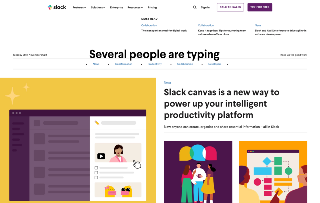 Page Flows’s screenshot of Slack’s blog page showcasing their website's vivid colors and creative layout. 