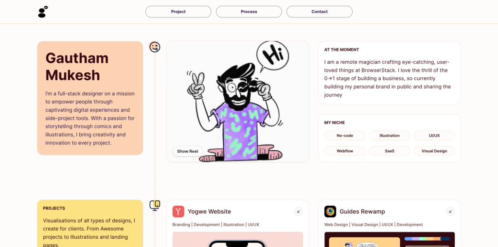 Page Flows’ screenshot of Gautham Mukesh’s UX design portfolio website homepage.