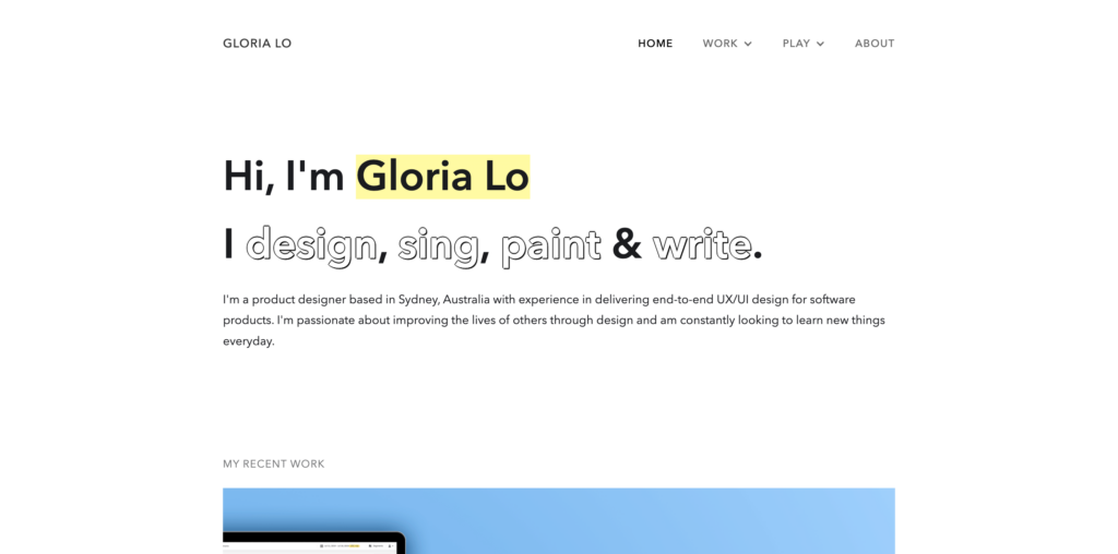 Page Flows’ screenshot of Gloria Lo’s UX design portfolio website homepage.