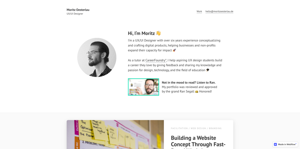 Page Flows’ screenshot of Moritz Oesterlau’s UX design portfolio website homepage.