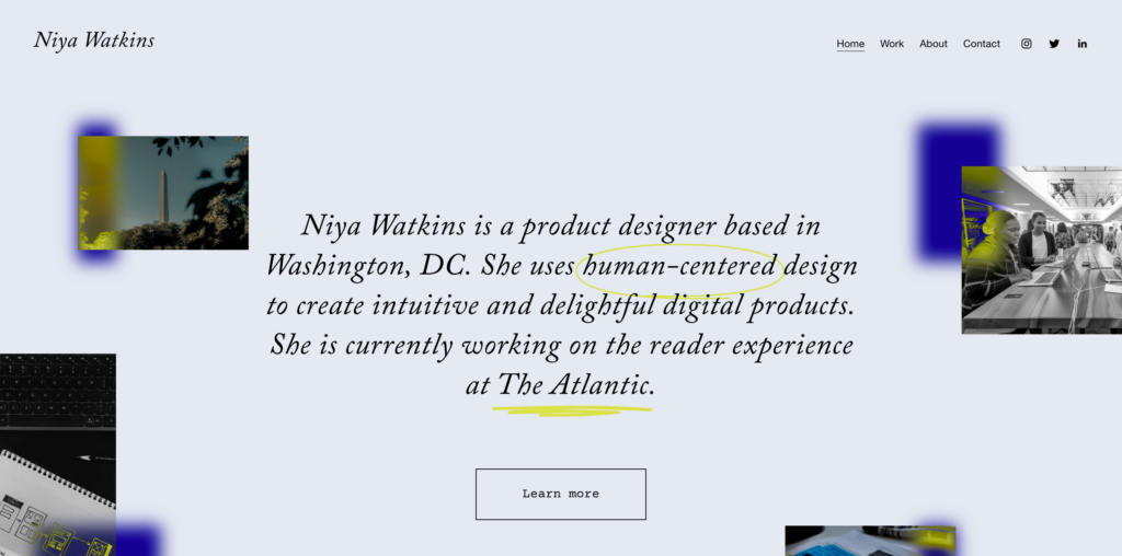 Page Flows’ screenshot of Niya Watkins’s UX design portfolio website homepage.