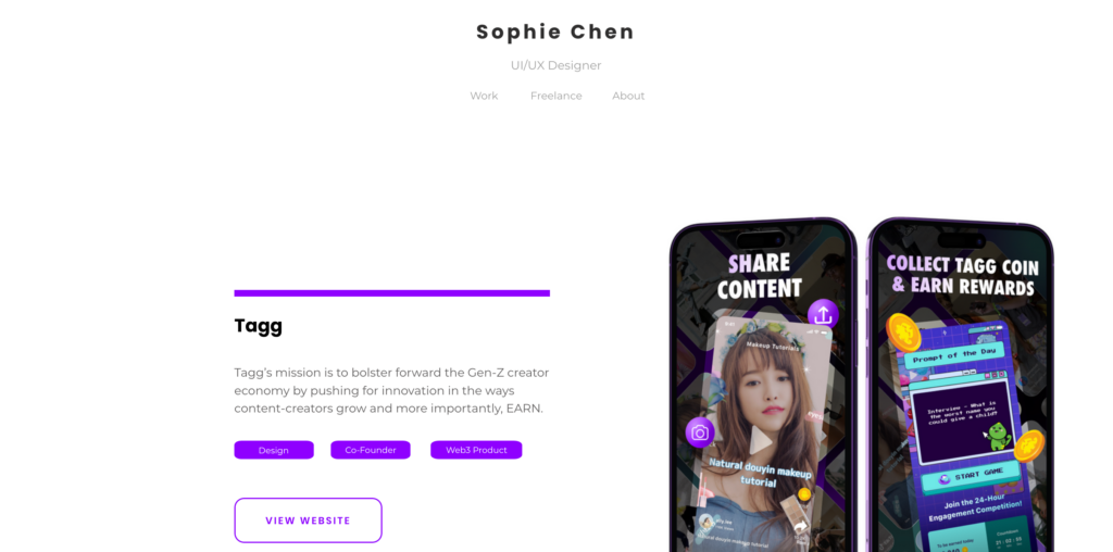 Page Flows’ screenshot of Sophie Chen’s UX design portfolio website homepage.