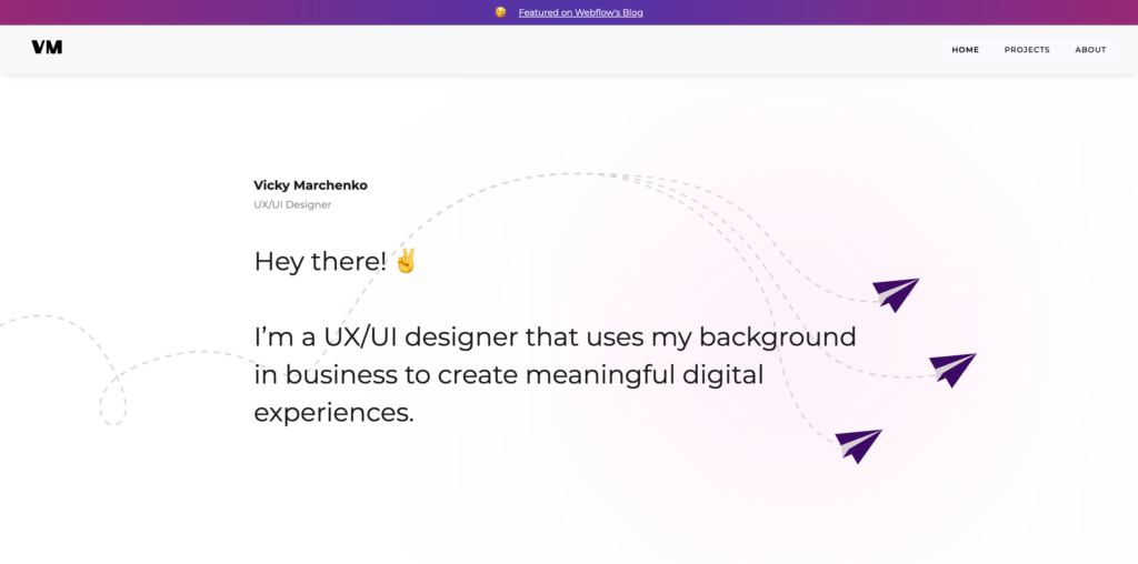 Page Flows’ screenshot of Vicky Marchenko’s UX design portfolio website homepage.