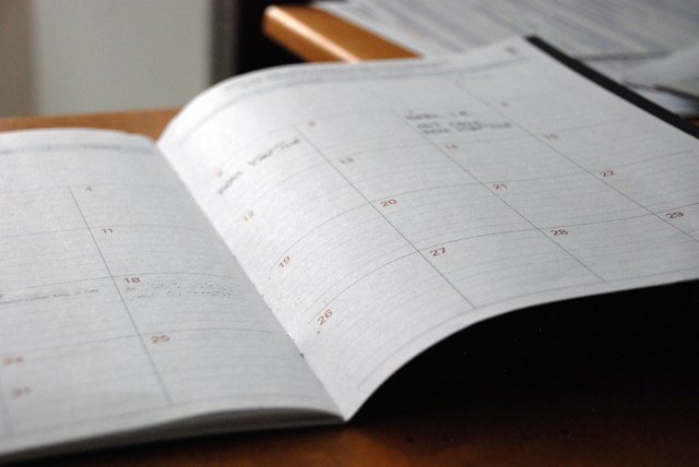 A close-up of a calendar diary printed on white paper. 