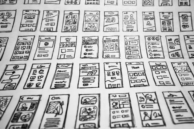 A close-up of a piece of paper displaying a series of product webpage designs. 