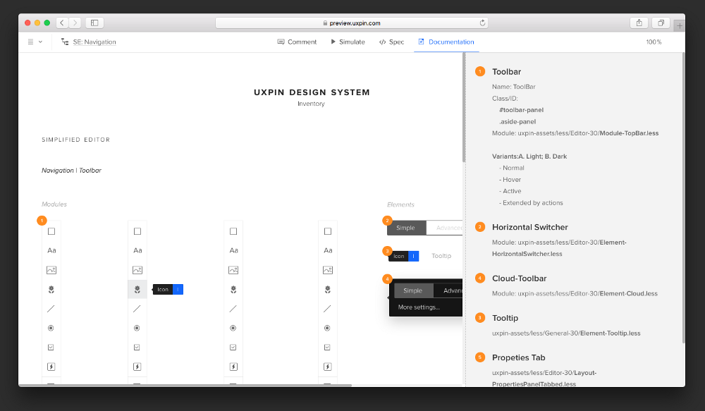 A screenshot of the UXPIN design system found in a web browser.