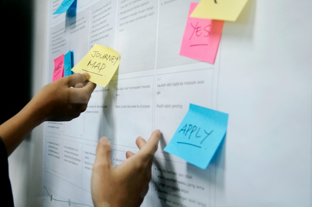 There are several sticky notes that refer to a UX researcher’s typical tasks when acquiring user-focused data. 
