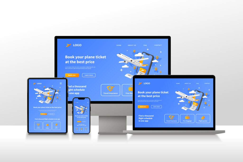 The same website appears on a desktop, laptop, tablet, and mobile phone.