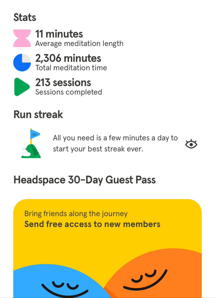 Page Flows' screenshot of the Headspace mobile app profile page, showing the user's streaks and stats.

