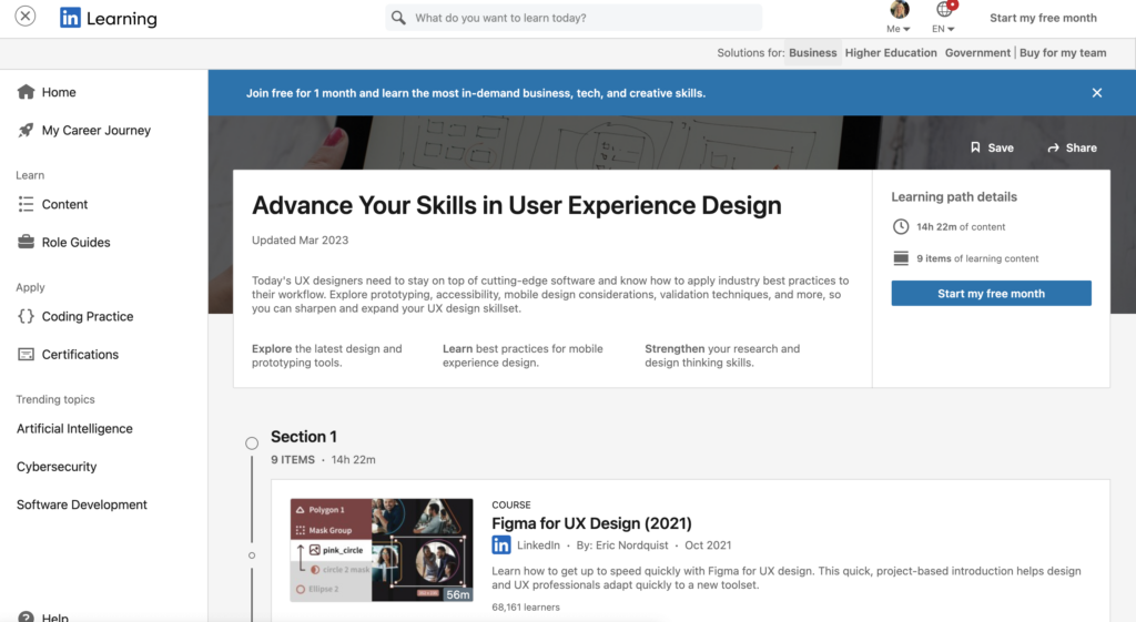 Page Flows’ screenshot of the LinkedIn landing page for the UX Design course.

