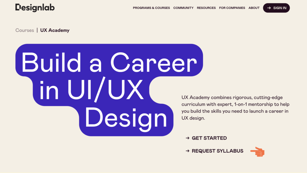Page Flows’ screenshot of the DesignLab landing page for the UX Design Academy.
