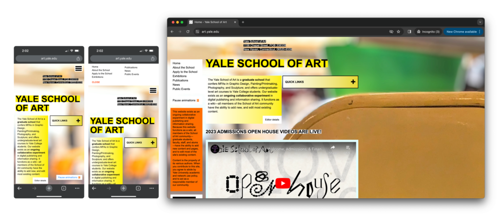 A mobile version and desktop version of the Yale School of Art website.
