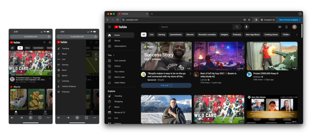 A mobile version and desktop version of the YouTube website.