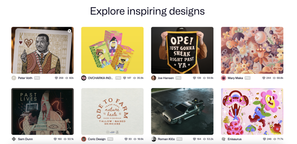 A screenshot of Dribbble’s landing page showing a series of UI designs intended to provide inspiration. 

