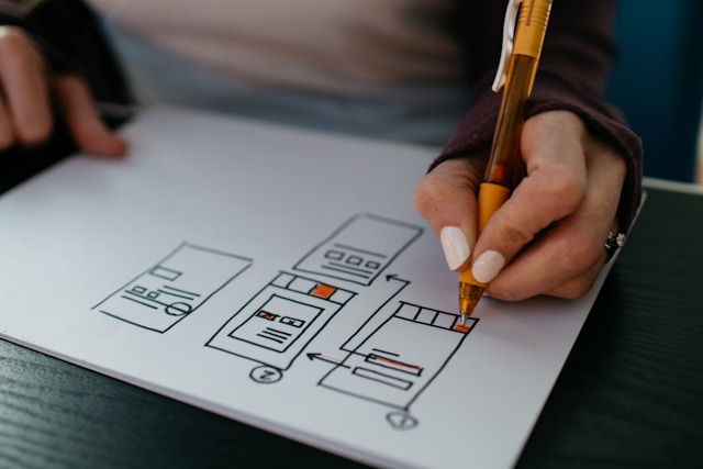 A person holds a yellow pen near a piece of paper. The paper shows visualizations of user interfaces. 
