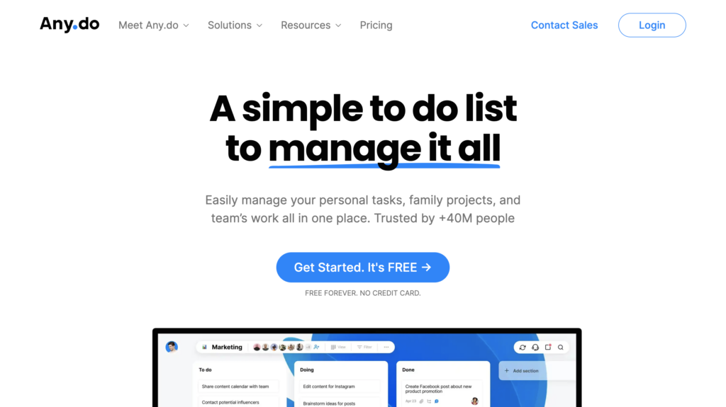 Page Flows’ screenshot of the Any.do homepage.