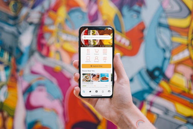 A person holds a phone in front of a colorful background with a food delivery app on the screen.
