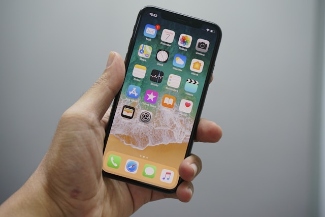 A person holds a turned-on iPhone open on the home page.