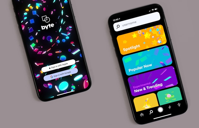 A close-up of two mobile phones with Byte’s login screen and app screen.