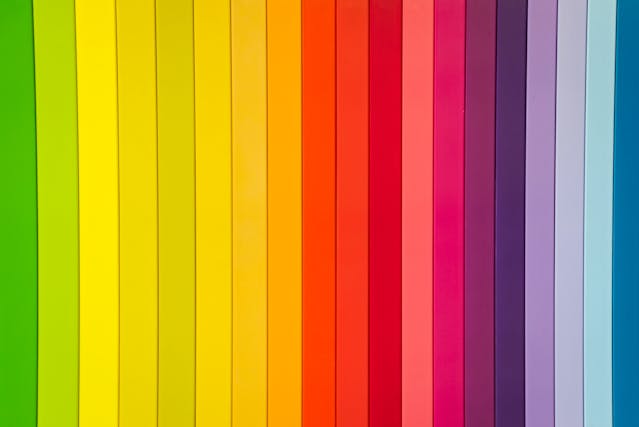 A close-up of several bright, bold colors of different hues and shades.
