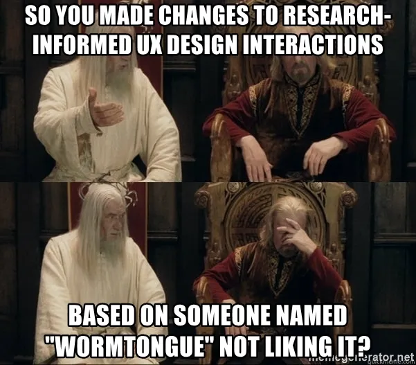 A meme relating to UX design using screenshots from The Lord of The Rings saga.
