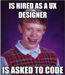 A meme displaying a boy in a high school photo relating to UX designers and coding.
