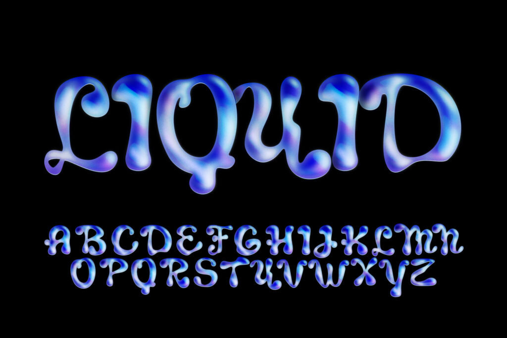 An example of a warped, holographic, blue font named ‘Liquid.’ 