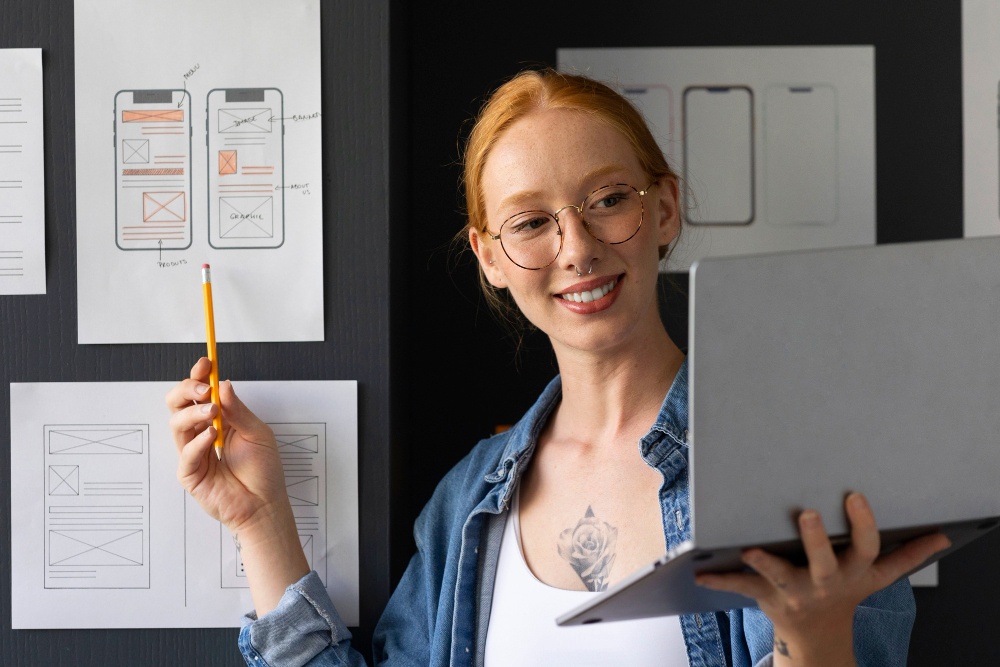 A UX designer holds her computer up to a board that has a wireframe stuck to it.