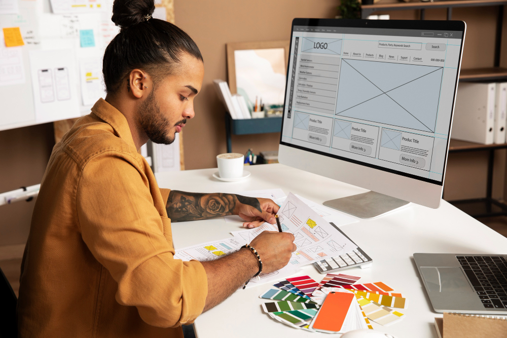 A UI designer sits at his desk with a prototype and color palettes in front of him.