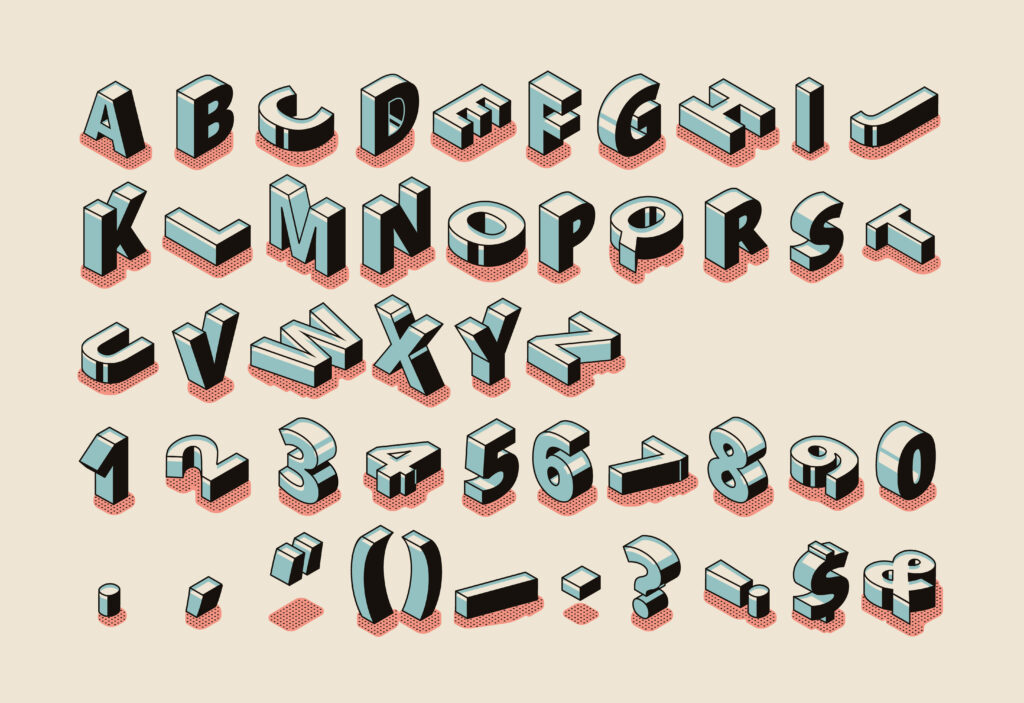 An illustration of an alphabet with 3-D lettering. 
