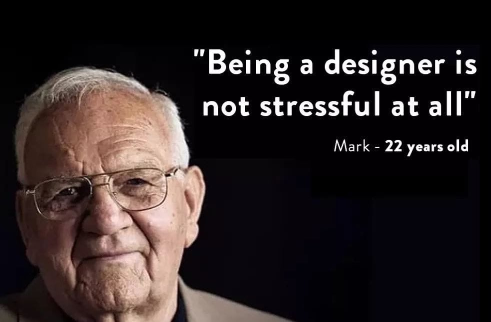 A meme relating to the stressful, seemingly aging demands of a UX designer’s roles.

