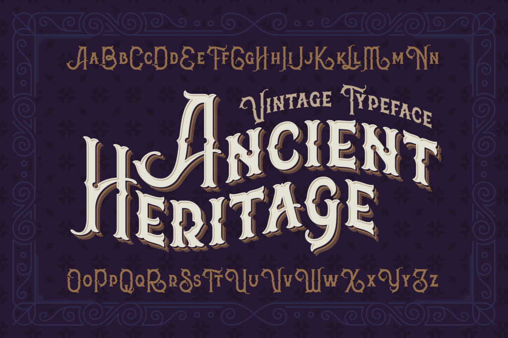 A vintage typeface with a curved baseline and sophisticated ornaments. 
