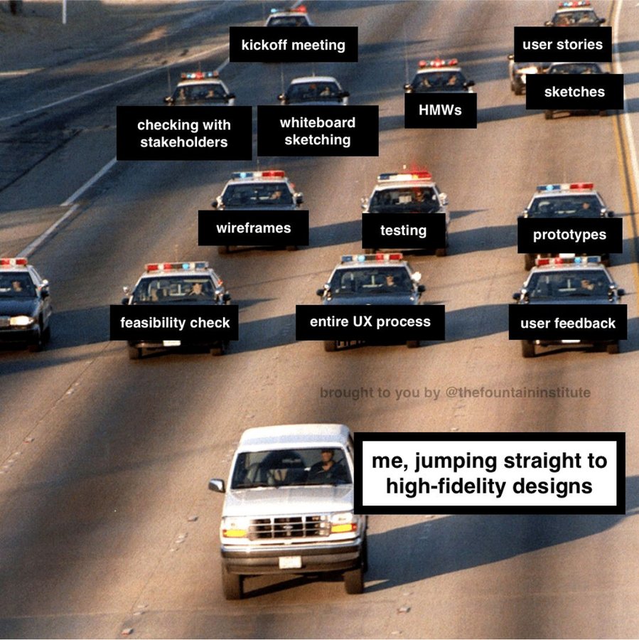 A meme displaying a police car chase in relation to the duties and tasks of UX designers.

