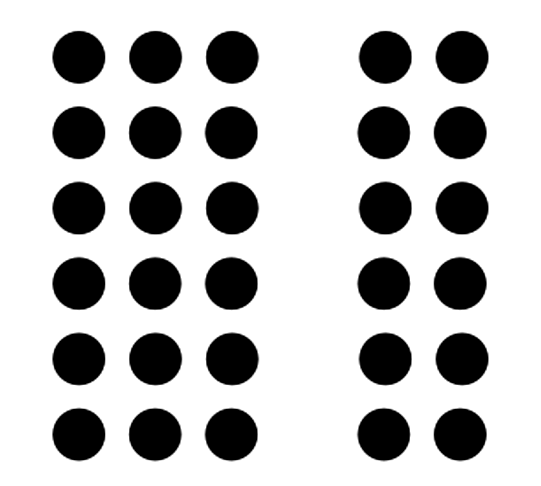 Two separate groups of dots that share the same size and color.
