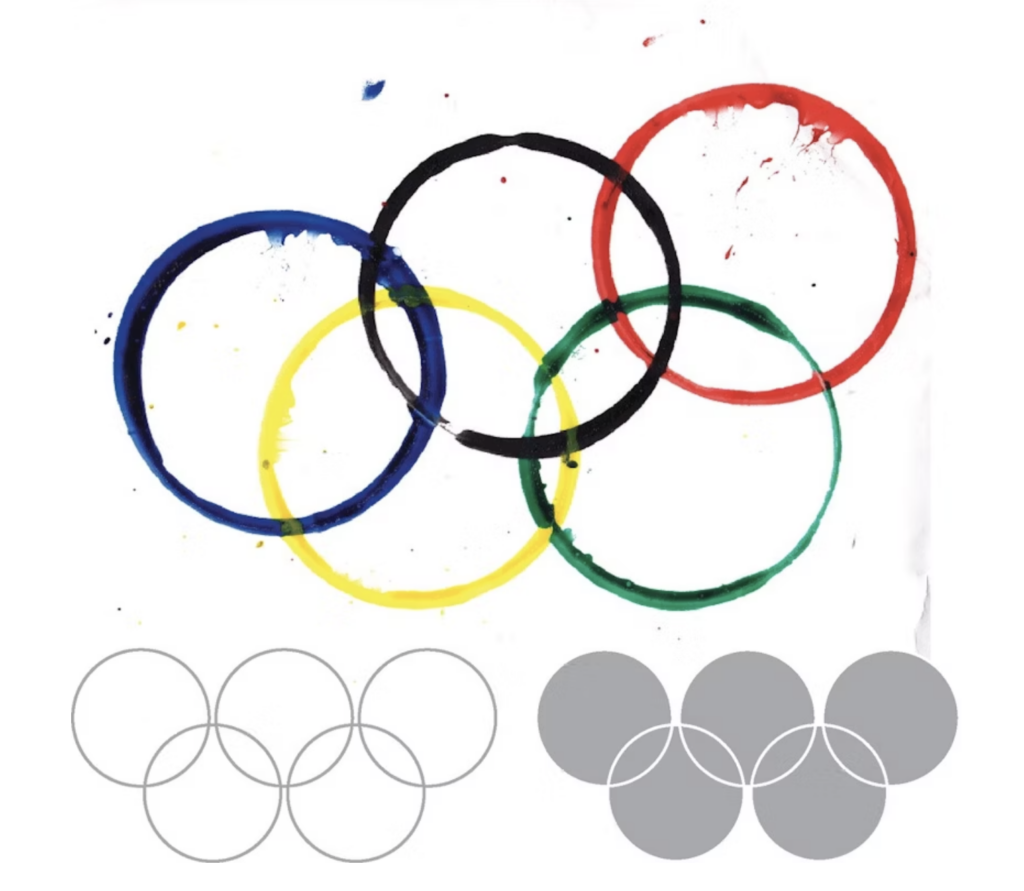 Three variations of the Olympic logo. One is in color; the other two are achromatic.
