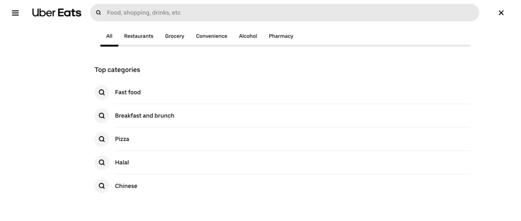 Page Flows’ screenshot of the Uber Eats search bar on desktop.
