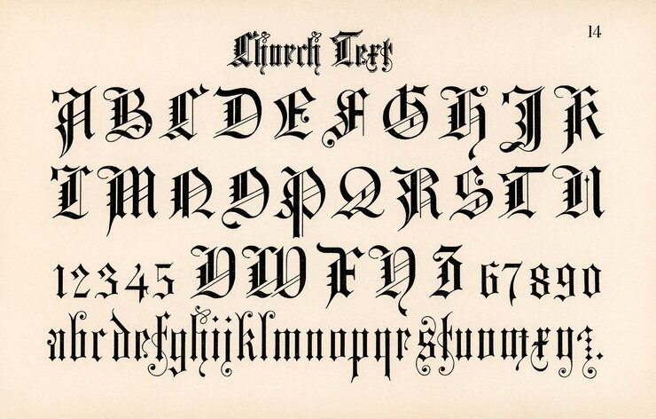 An image of an alphabet that uses gothic design elements. 
