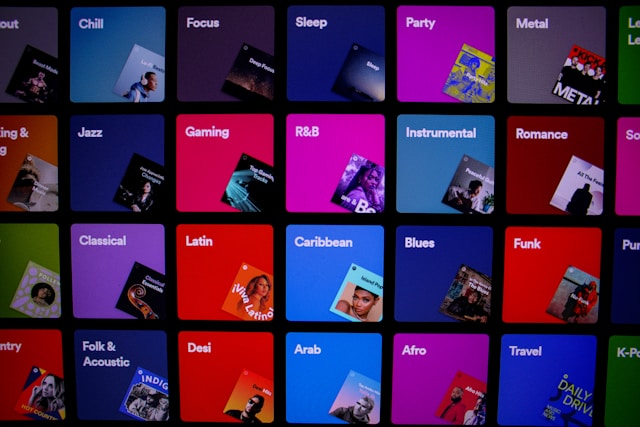 A grid of cards as part of a UI interface depicting the Spotify desktop layout for playlists and moods.

