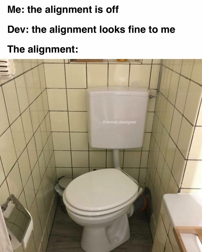 A meme displaying an uneven toilet that relates to the dynamic between UX designers and developers.