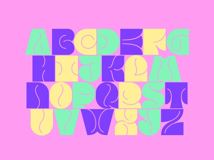 An image of a colorful alphabet that exhibits abstract, geometric features. 
