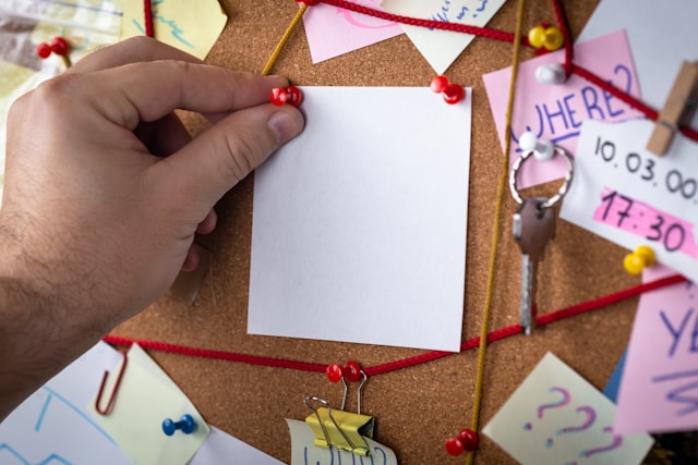 A hand pins a black piece of paper on a corkboard, surrounded by a variety of other pinned notes and objects.