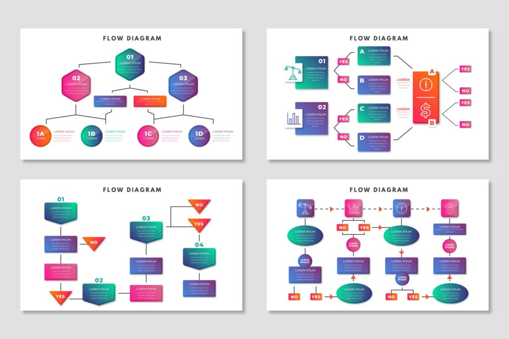 Four colorful examples of different flow chart diagrams. 
