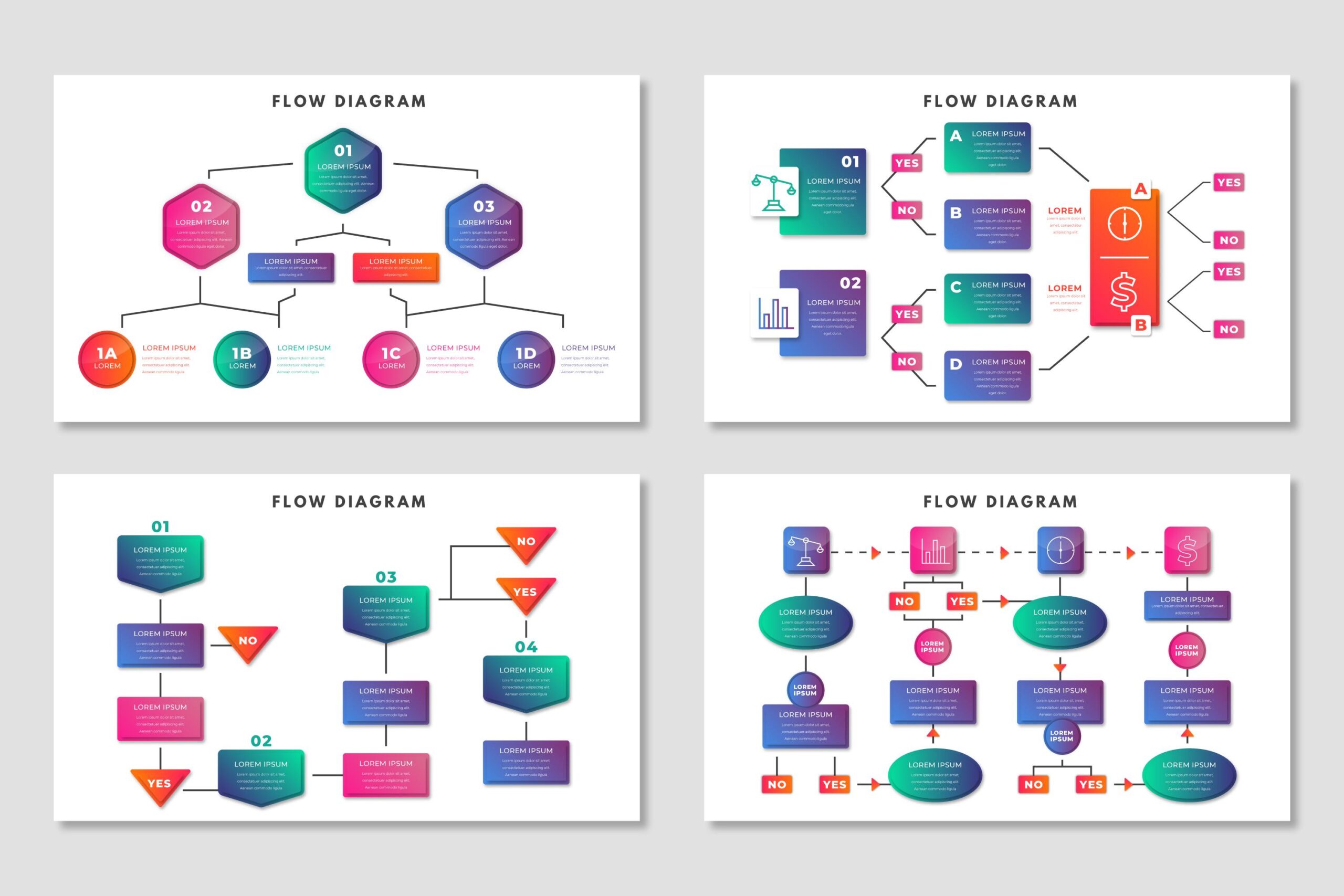 Four colorful examples of different flow chart diagrams.