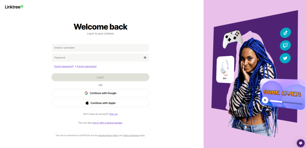 A screenshot of Linktree’s login screen.
