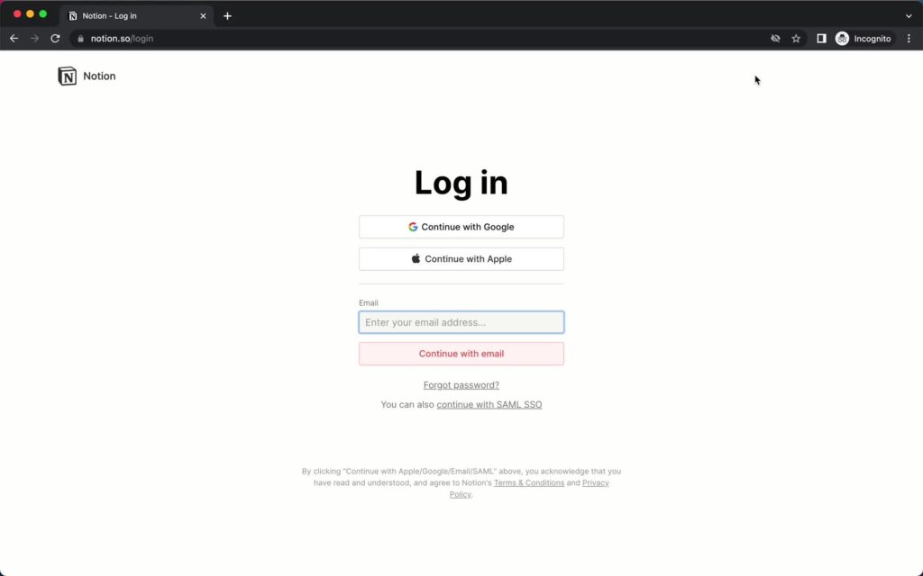 A screenshot of Notion’s login screen.