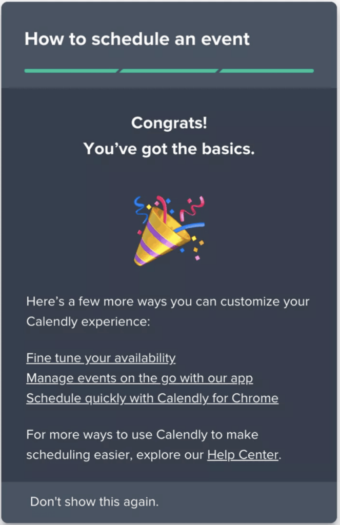 Page Flows’ screenshot of the Calendly app, showing the milestone of completing the onboarding.