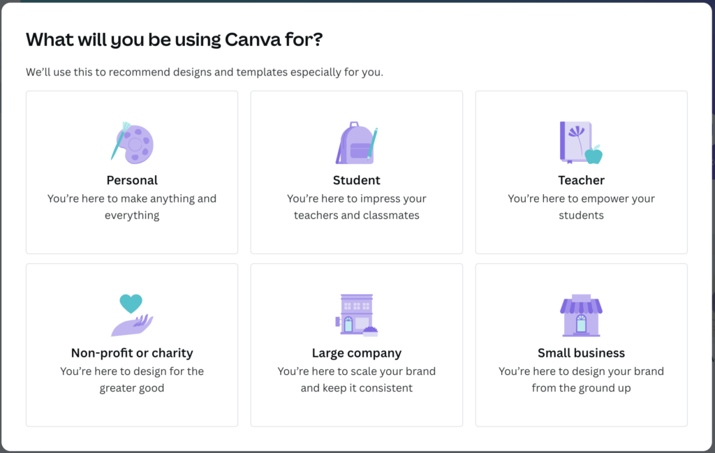 Page Flows’ screenshot of the Canva sign-up process, showing the different options for users.