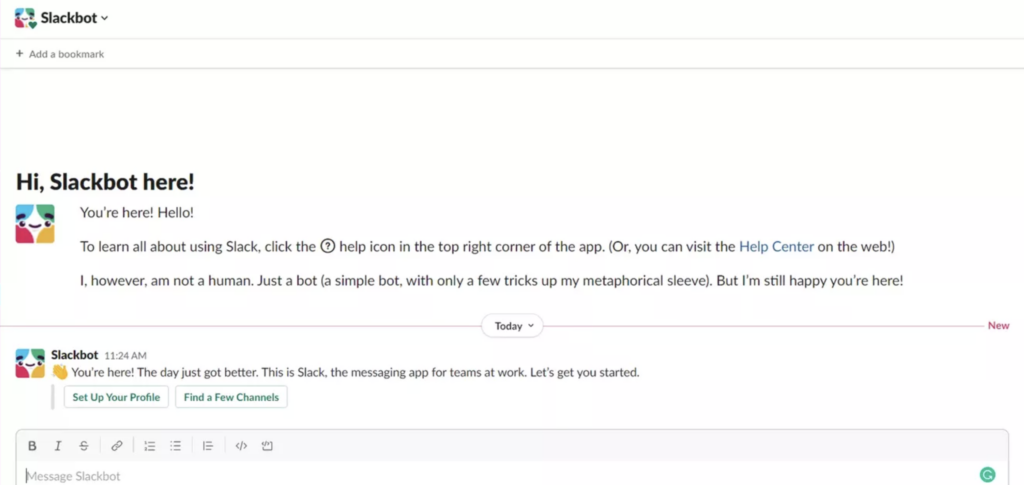 Page Flows’ screenshot of the Slack empty state shown to users upon sign-up.
