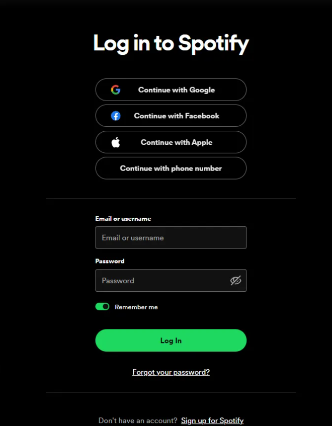 A screenshot of Spotify’s mobile app login screen. 