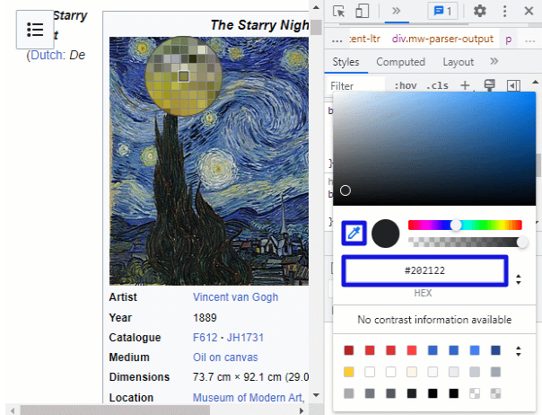 A screenshot of someone using Google’s Color Picker Tool on a Wikipedia webpage. 
